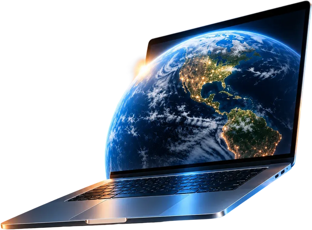 Notebook s planetou Zemí vystupující z displeje